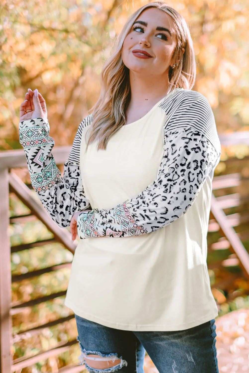 Plus Size Mixed Print Raglan Sleeve Round Neck Top