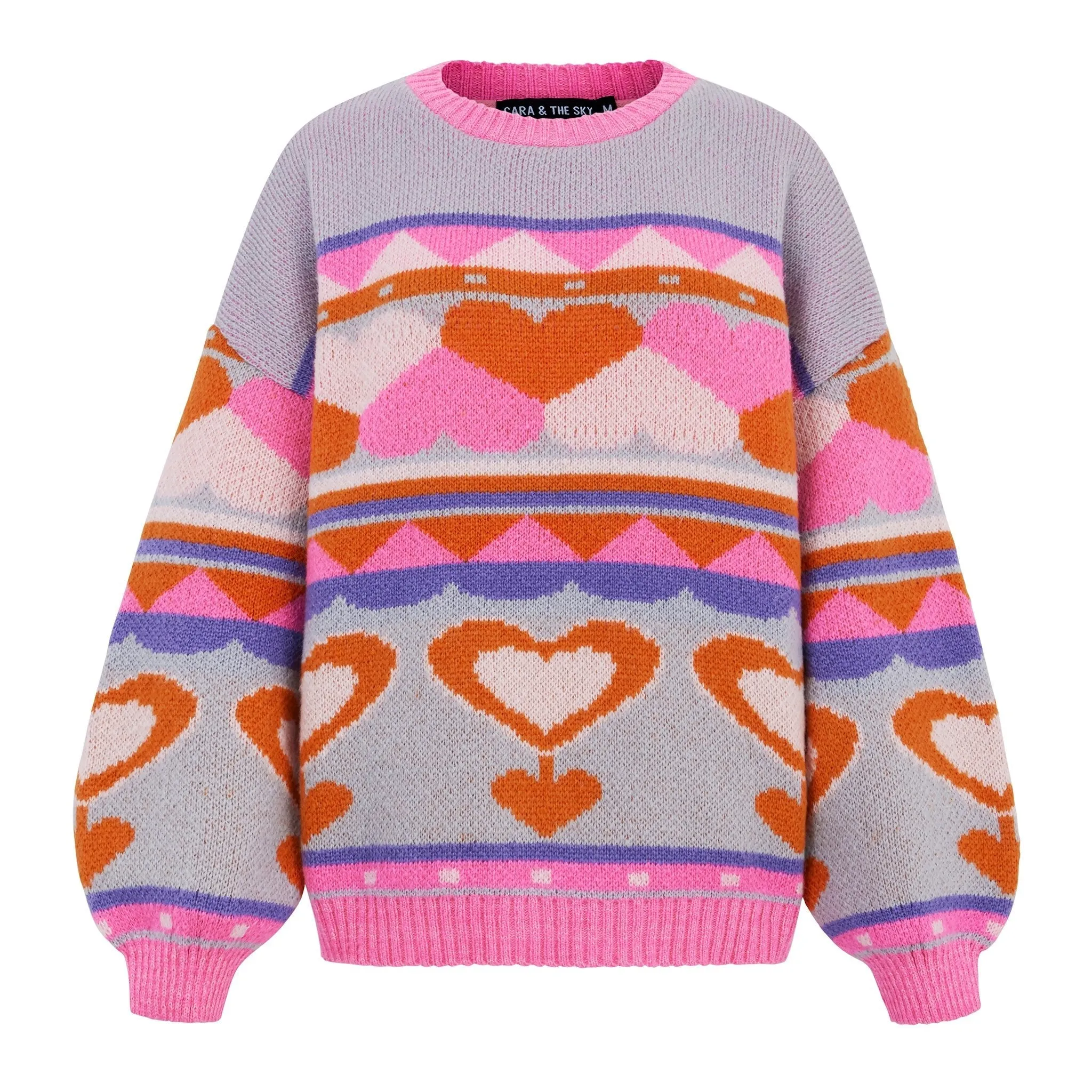 Poppy Heart Intarsia Balloon Sleeve Oversized Jumper - Blue