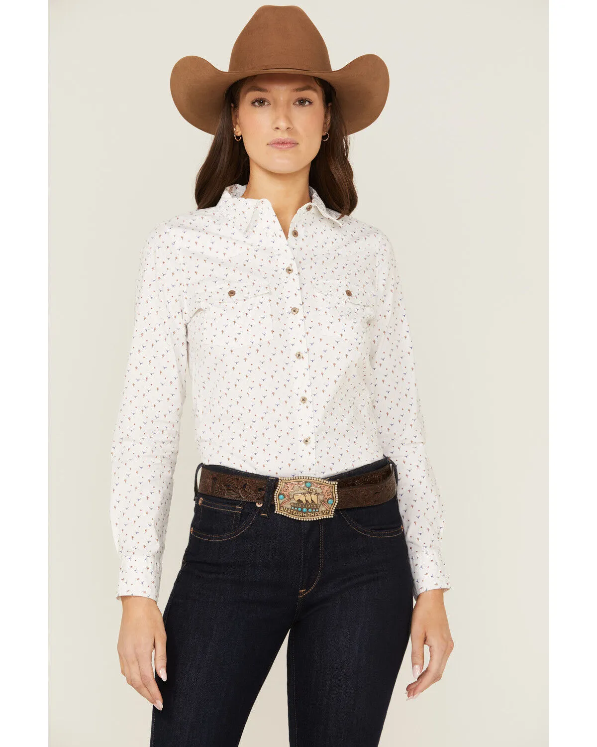 RANK 45® Women's Western Cactus Conversation Print Long Sleeve Button-Down Western Riding Shirt