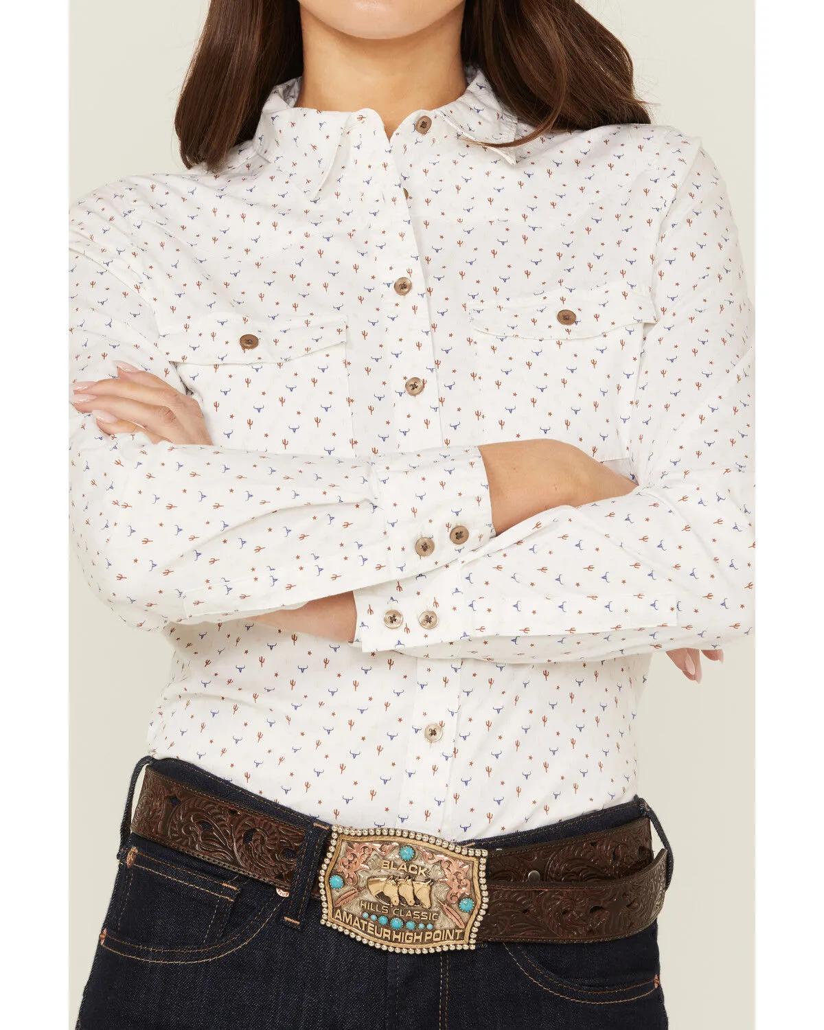 RANK 45® Women's Western Cactus Conversation Print Long Sleeve Button-Down Western Riding Shirt