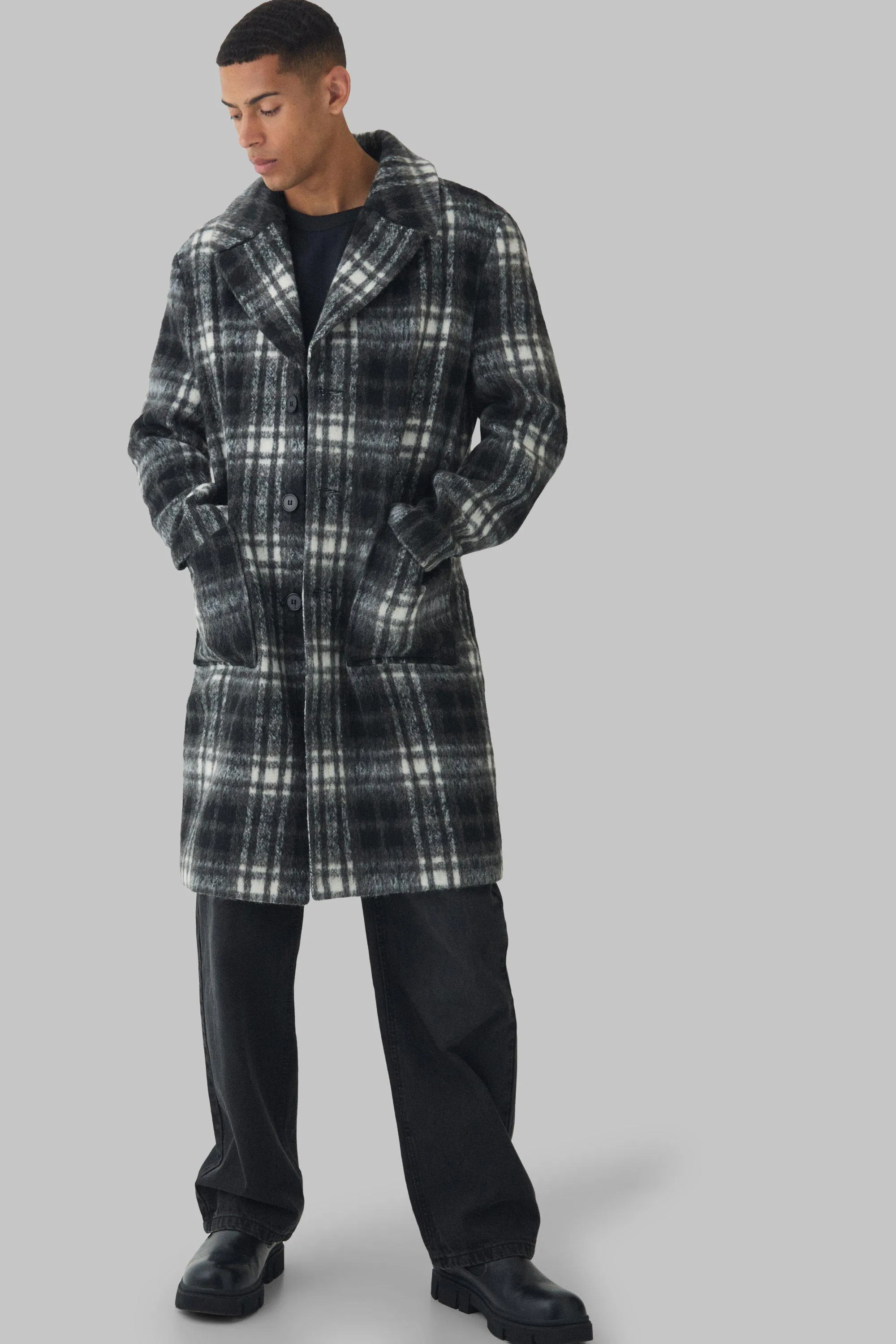 Relaxed Fit Single Breasted Check Overcoat In Black