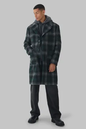 Relaxed Fit Single Breasted Check Overcoat In Green