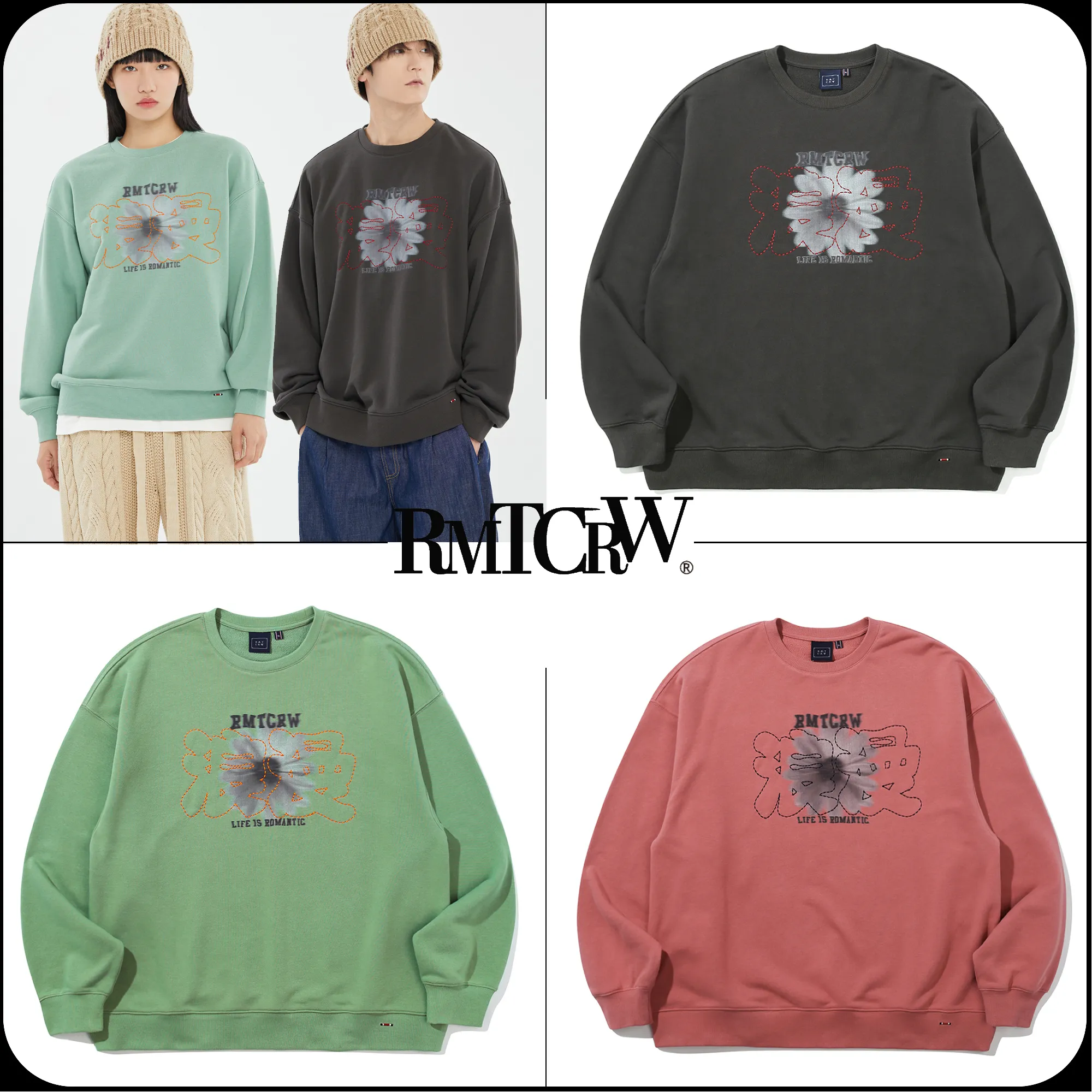 ROMANTIC CROWN  |[ROMANTIC CROWN]★STITCH SLOGAN FLOWER CREWNECK