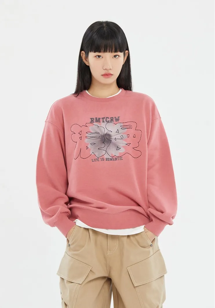 ROMANTIC CROWN  |[ROMANTIC CROWN]★STITCH SLOGAN FLOWER CREWNECK