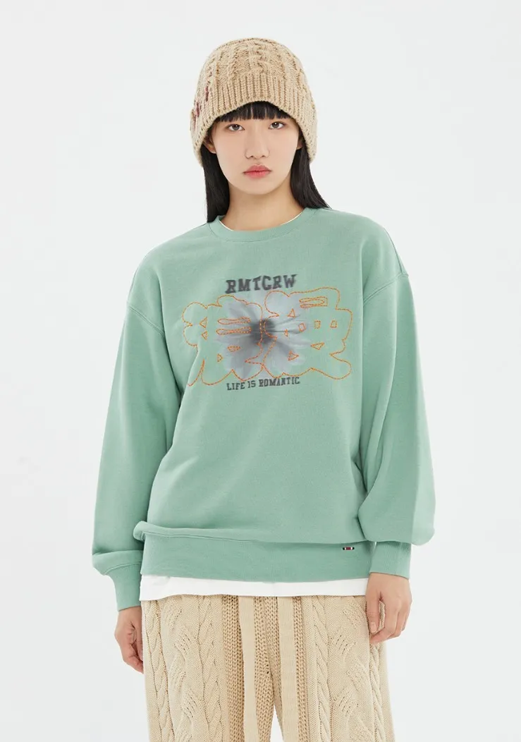 ROMANTIC CROWN  |[ROMANTIC CROWN]★STITCH SLOGAN FLOWER CREWNECK