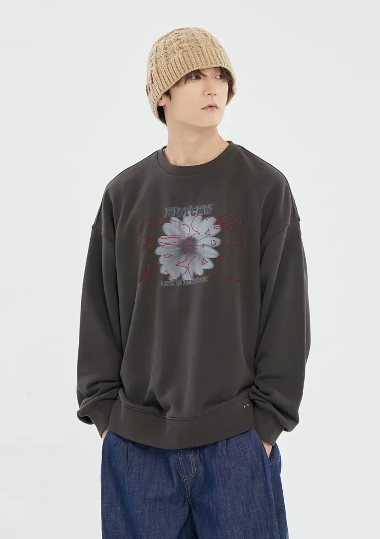 ROMANTIC CROWN  |[ROMANTIC CROWN]★STITCH SLOGAN FLOWER CREWNECK