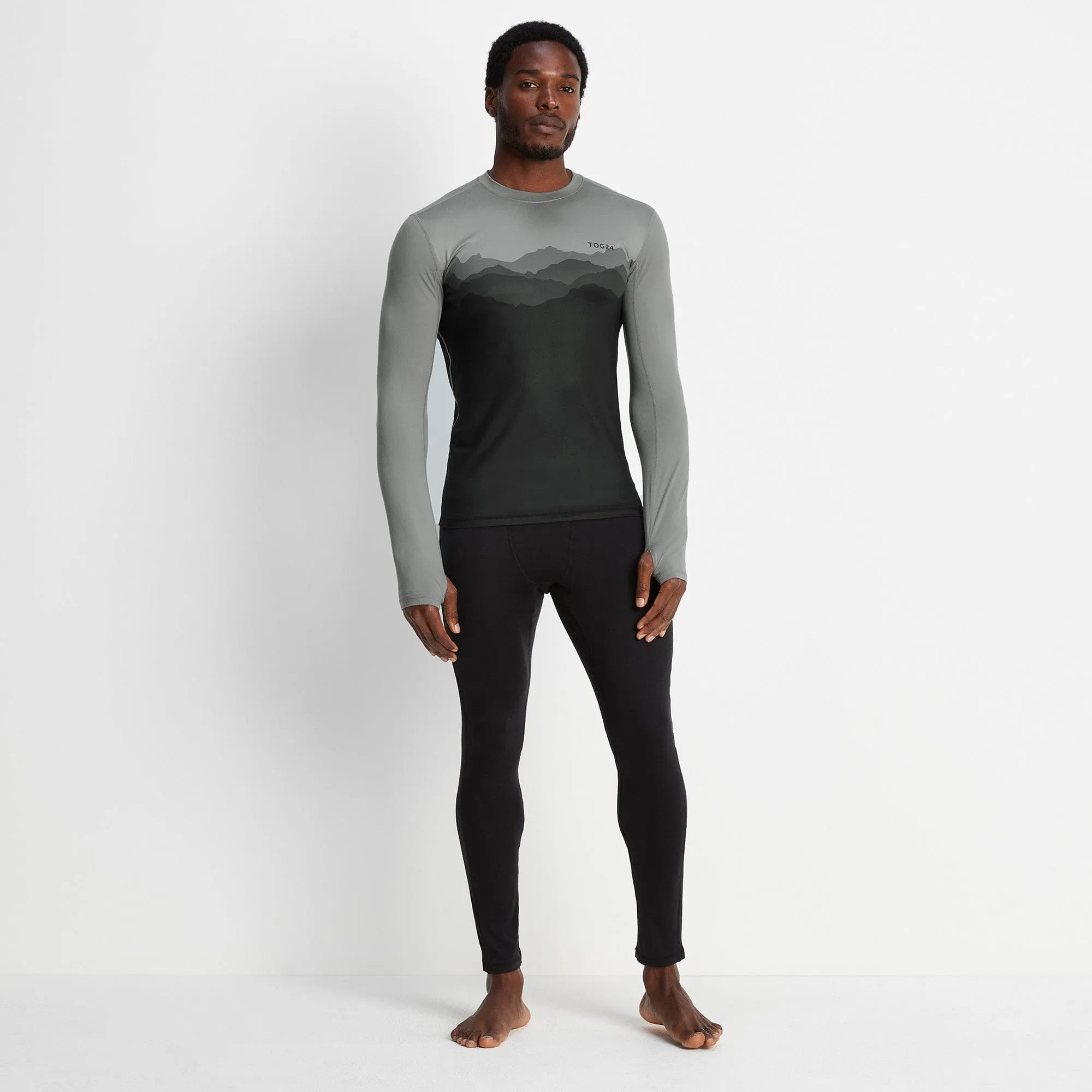 Snowdon Mens Thermal Base Layer Crew Neck - Grey Mountain Print