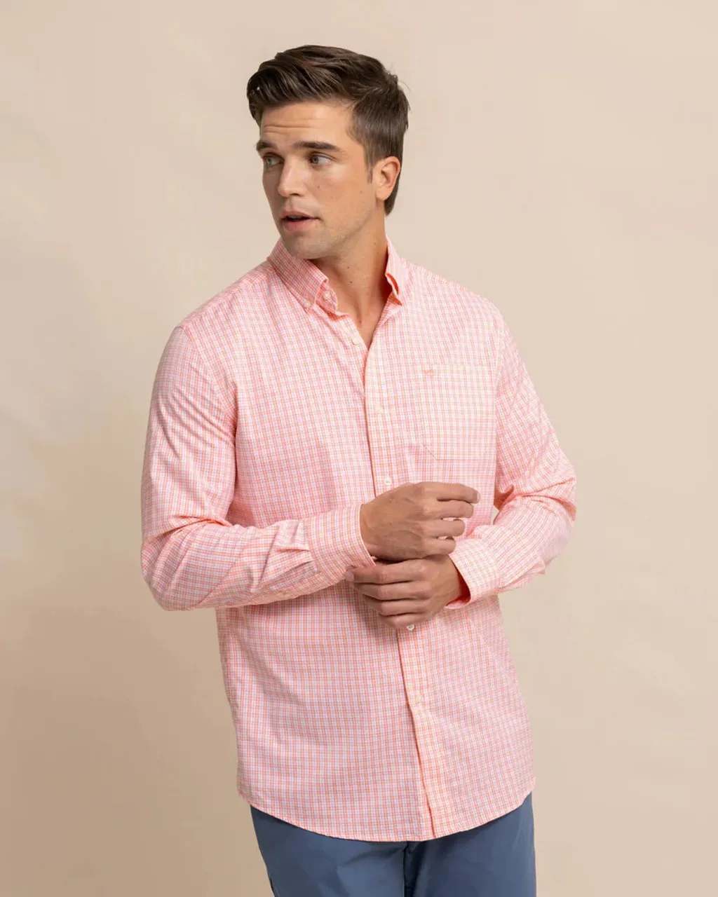 Southern Tide brrr° Intercoastal Poinsett Plaid Long Sleeve Sport Shirt: Desert Flower Coral