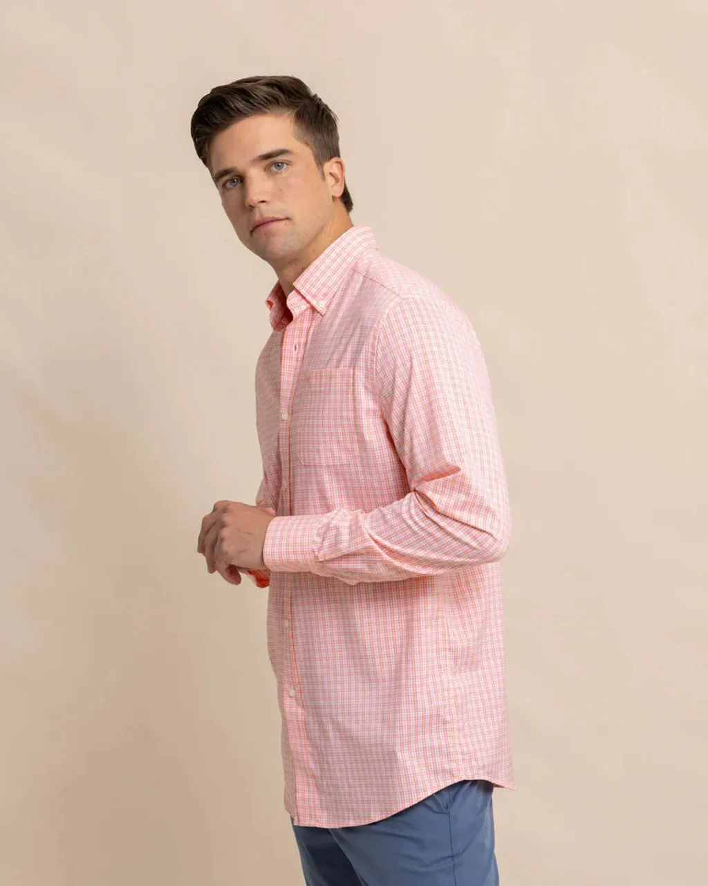 Southern Tide brrr° Intercoastal Poinsett Plaid Long Sleeve Sport Shirt: Desert Flower Coral