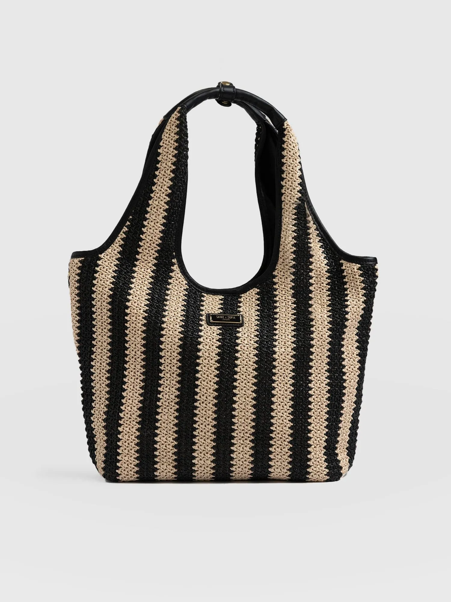 Stella Shoulder Tote Bag - Beige/Black Raffia