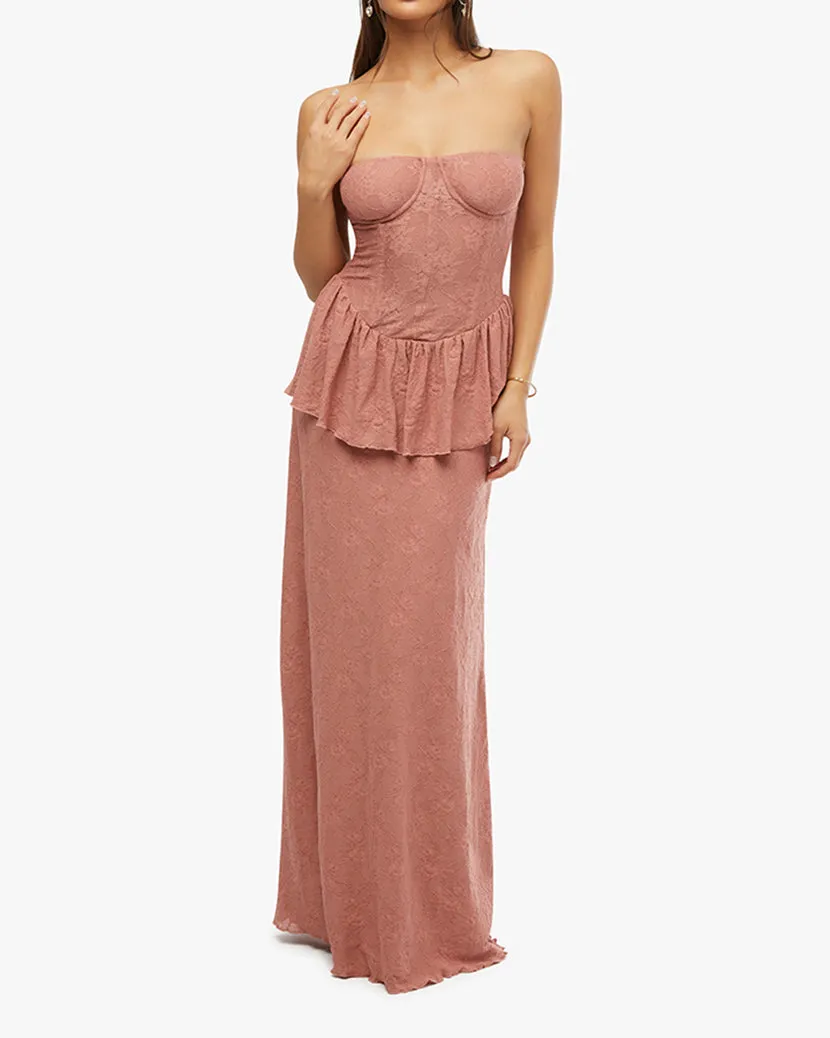 Strapless Corset Peplum Maxi Dress | Desert Sand