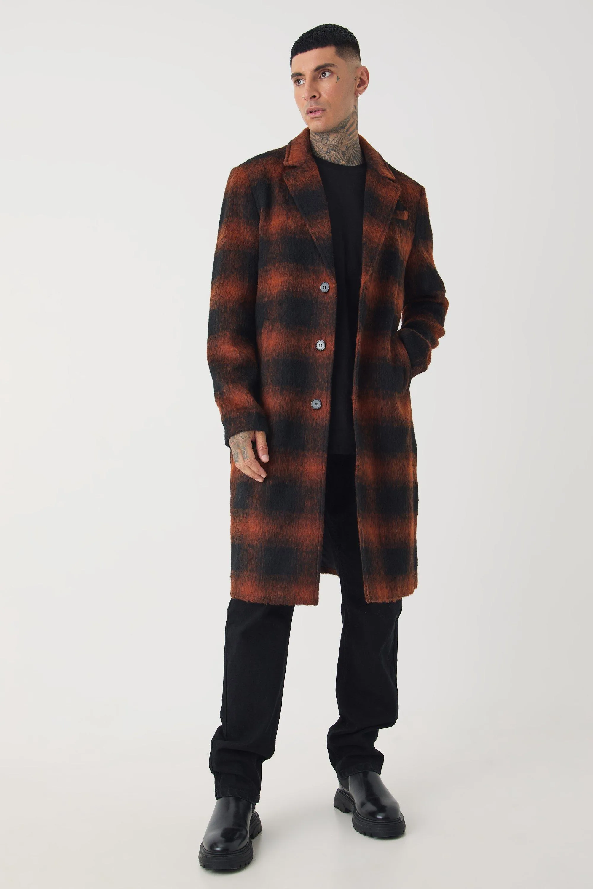 Tall Oversized Brushed Check Overcoat In Brown