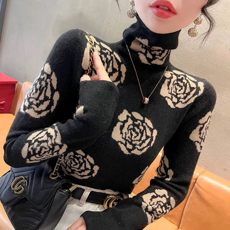 Turtleneck sweater autumn and winter women's 2024 new winter slim top pile collar bottoming shirt with western style women's clo