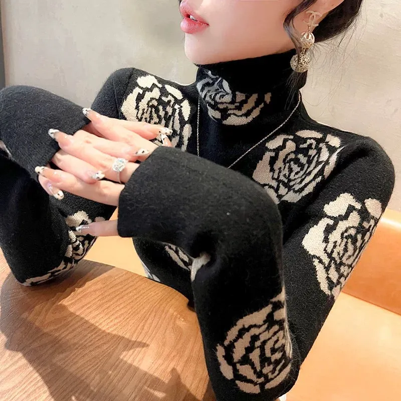 Turtleneck sweater autumn and winter women's 2024 new winter slim top pile collar bottoming shirt with western style women's clo