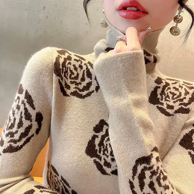 Turtleneck sweater autumn and winter women's 2024 new winter slim top pile collar bottoming shirt with western style women's clo