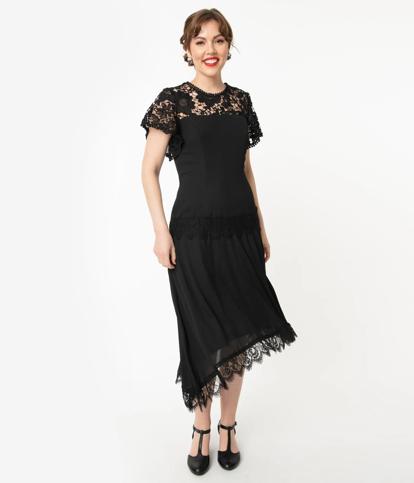 Unique Vintage 1920s Black Lace Marmande Flapper Dress