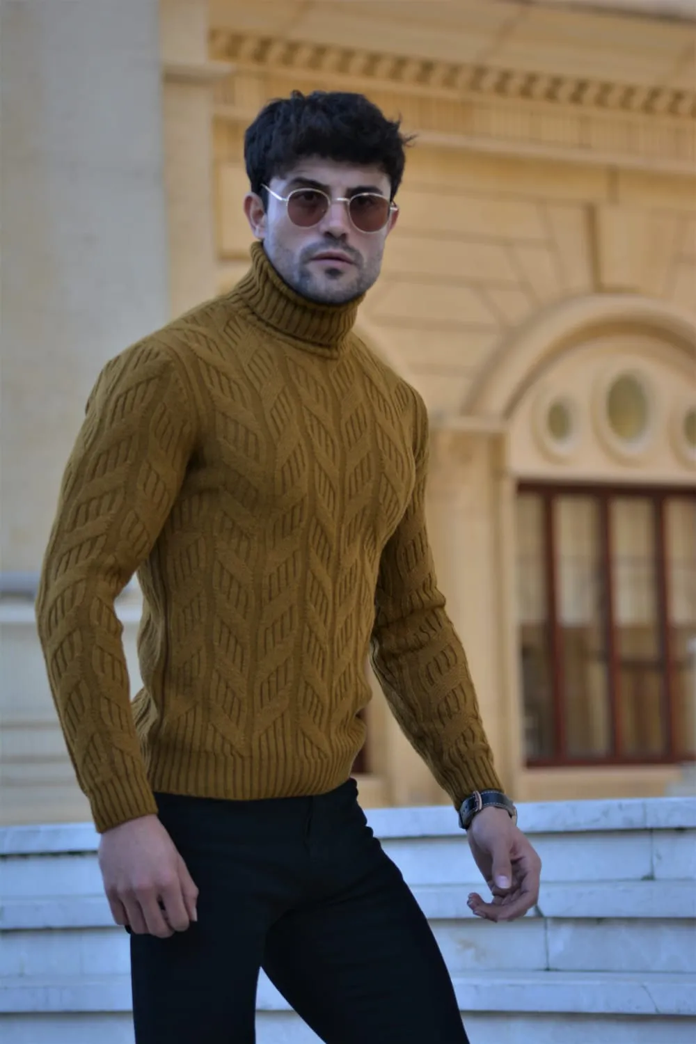 Vicenza Slim-fit Patterned Turtleneck wool Knitwear Camel