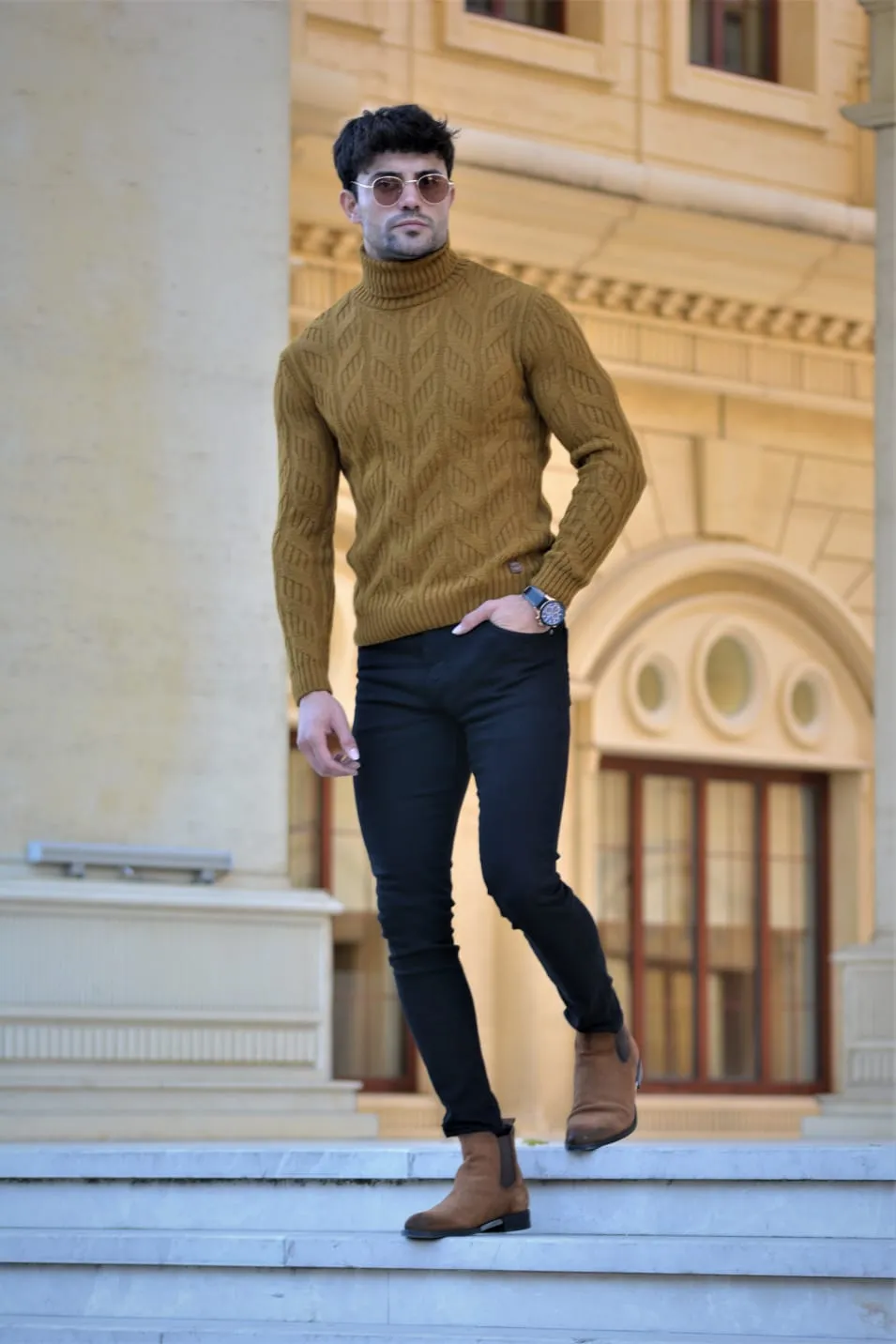 Vicenza Slim-fit Patterned Turtleneck wool Knitwear Camel