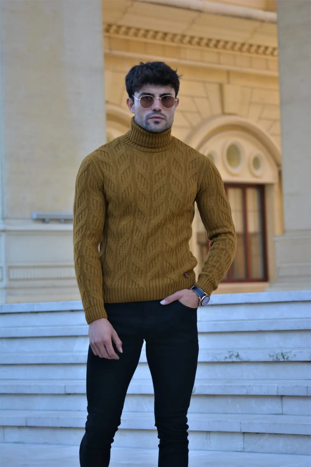 Vicenza Slim-fit Patterned Turtleneck wool Knitwear Camel