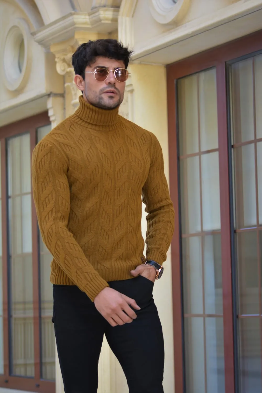 Vicenza Slim-fit Patterned Turtleneck wool Knitwear Camel