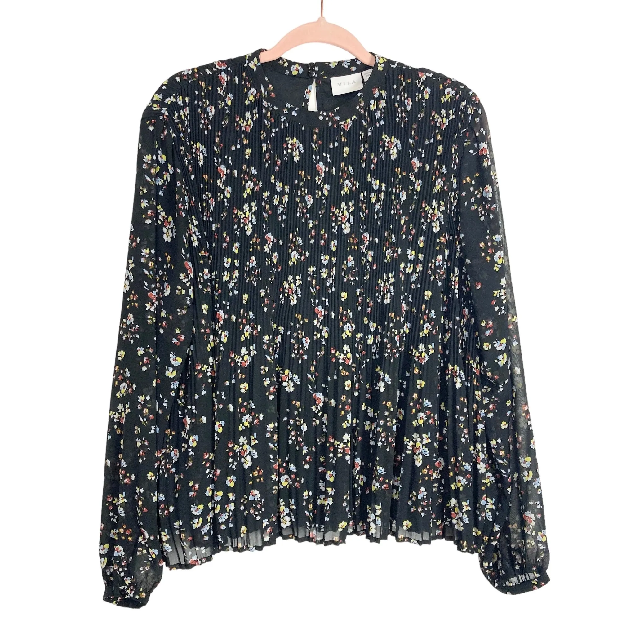 VILA Black Floral Pattern Pleated Blouse- Size ~XL (see notes)