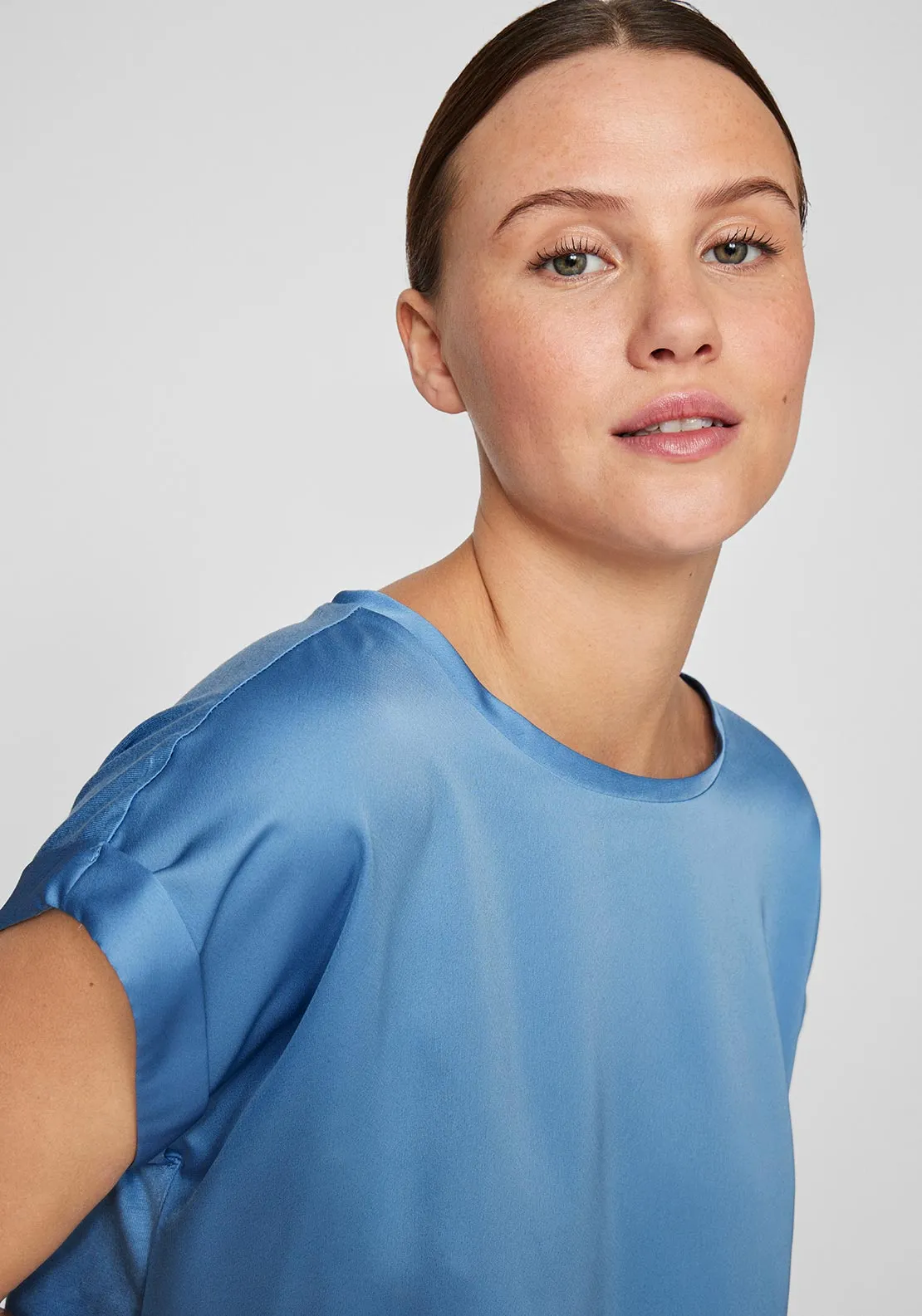 Vila Ellette Satin Front T Shirt, Blue