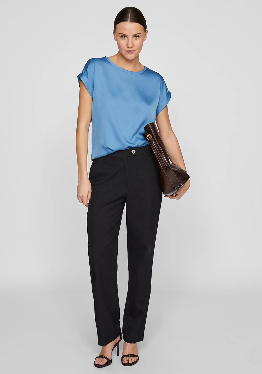 Vila Ellette Satin Front T Shirt, Blue