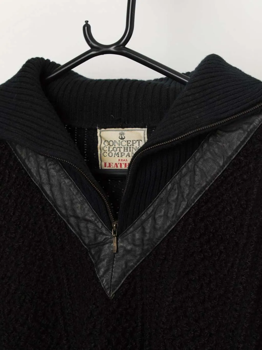 Vintage quarter zip black jumper with leather trim – XL