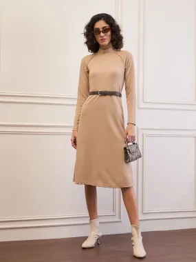 Women Beige Rib Turtle Neck Raglan Sleeve Midi Dress