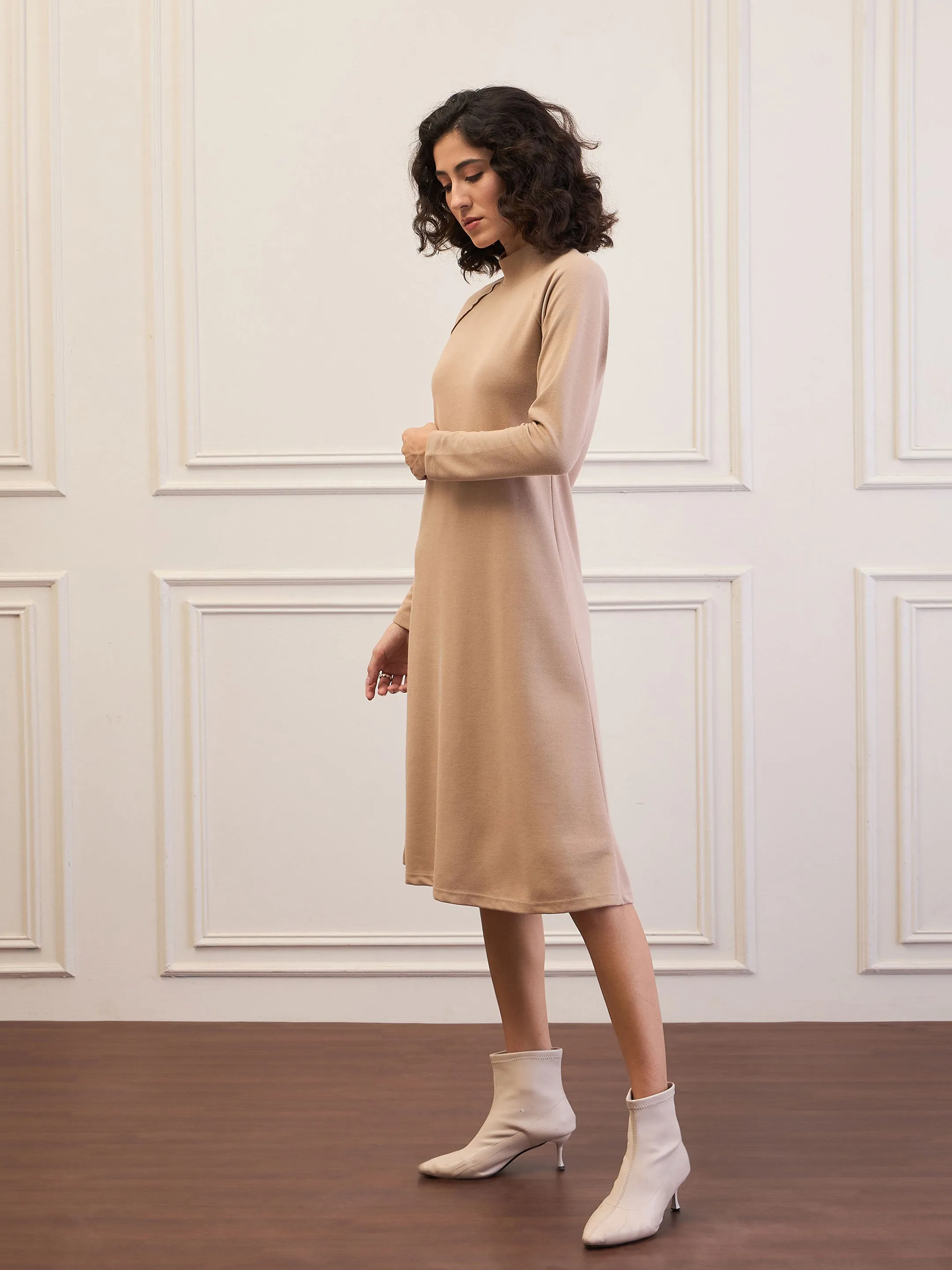 Women Beige Rib Turtle Neck Raglan Sleeve Midi Dress