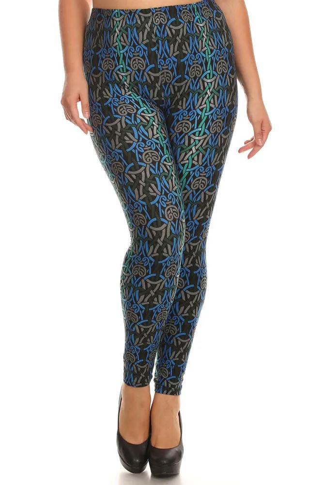 Women's Plus Mixed Circle Ring Pattern Print Leggings - Black Blue