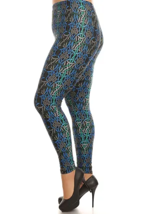 Women's Plus Mixed Circle Ring Pattern Print Leggings - Black Blue