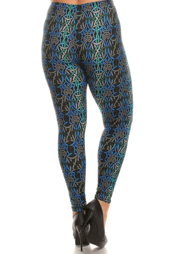 Women's Plus Mixed Circle Ring Pattern Print Leggings - Black Blue