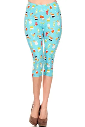 Women's Regular Colorful Cocktail Beverage Printed Cropped Capri Leggings