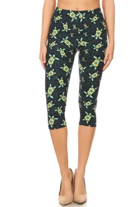 Women's Regular Colorful Sea Turtle Starfish Printed Cropped Capri Leggings - One Size / Blue