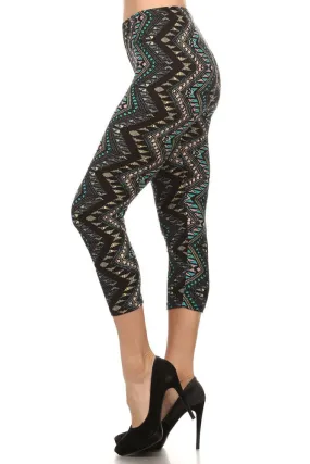 Women's Regular Ornate Sawtooth Pattern Print Capri Leggings - Black Blue