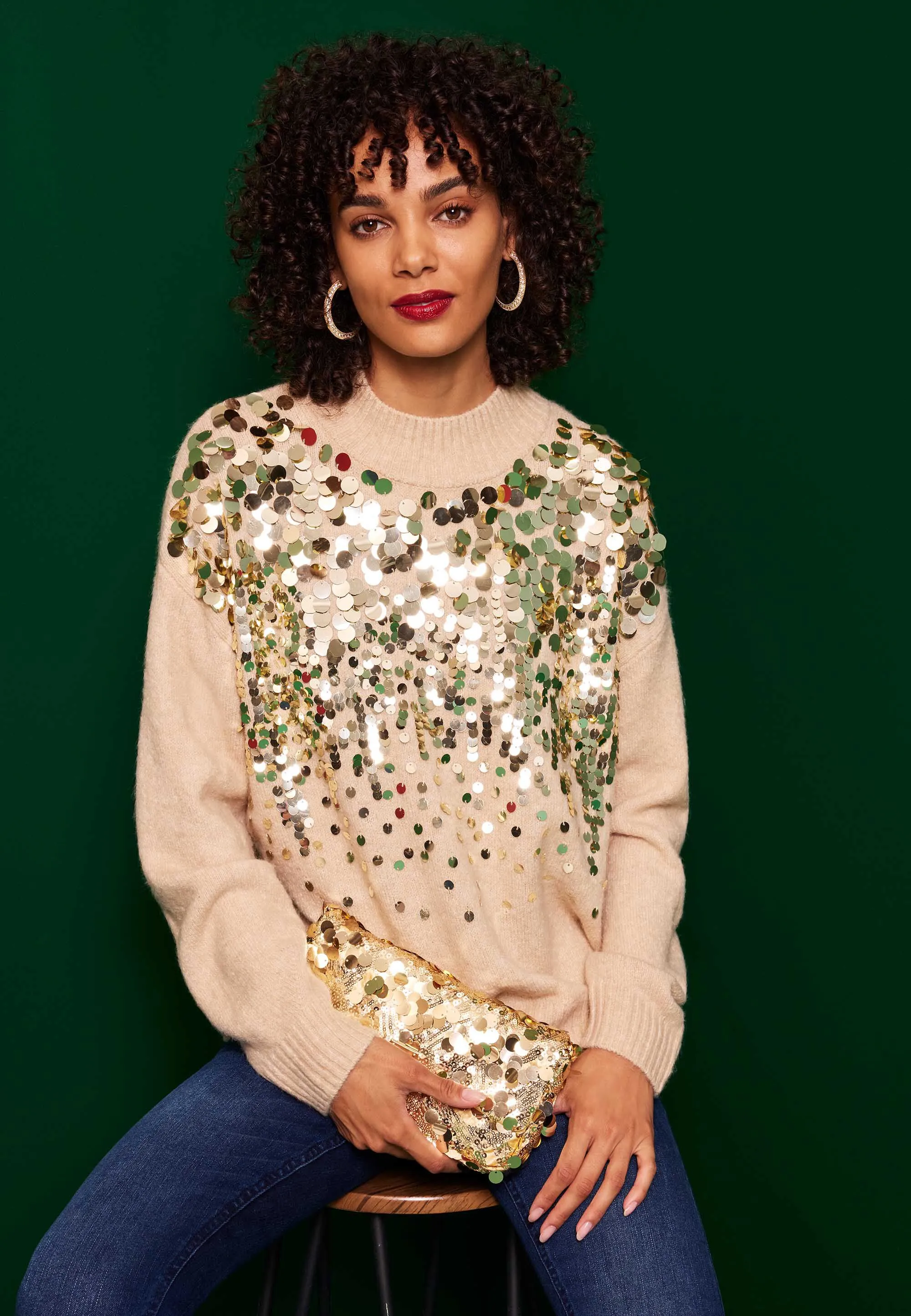 Womens Sand Sequin Sparkle Knit Jumper